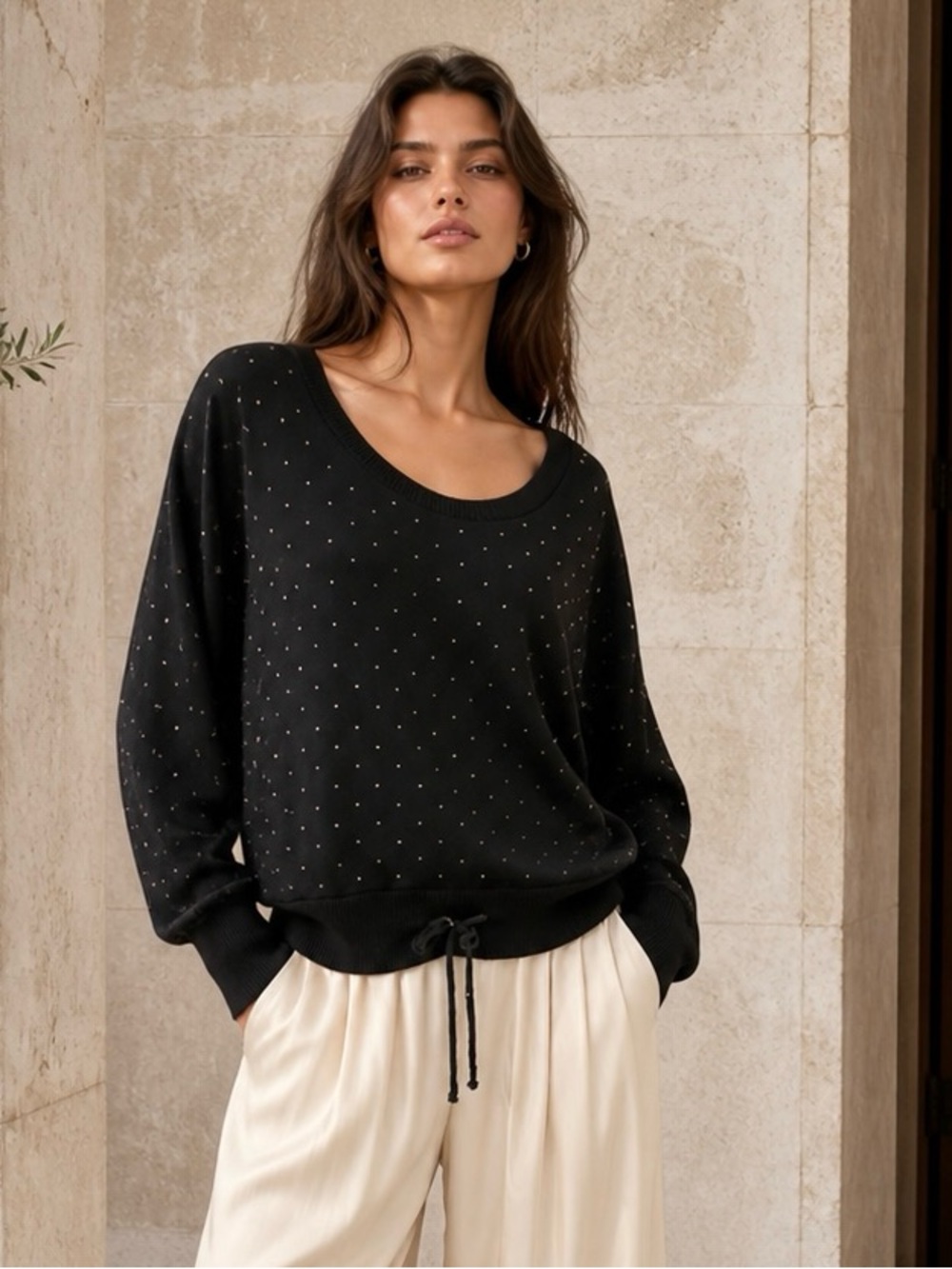Aiko Silver Studded Black Drawstring Sweatshirt in Cotton Modal Fleece, XS